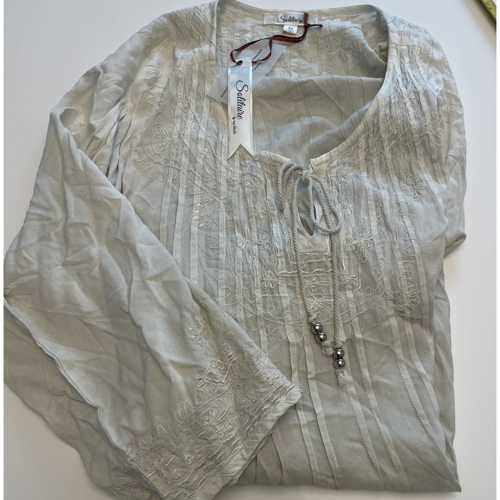 NWT Solitaire Lagenlook Embroidered Light Sage Tunic Bohemian 2X Pullover 3/4 SL